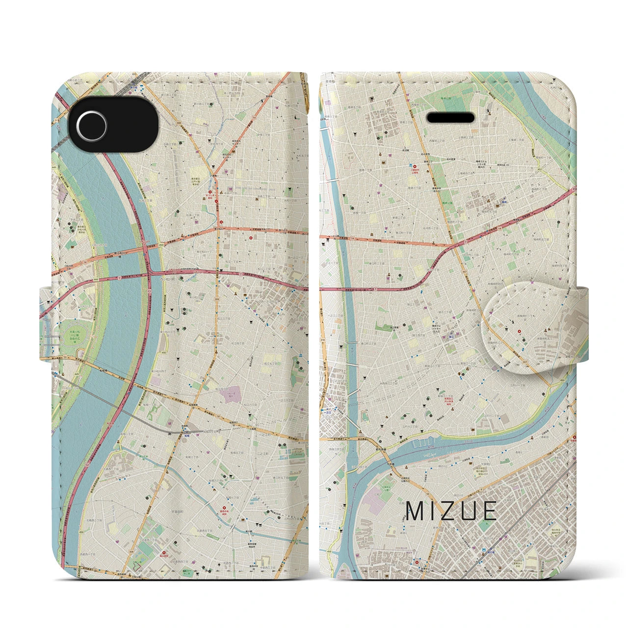 【瑞江(東京都)】地図柄iPhoneケース(手帳タイプ)ナチュラル・iPhone SE(第3 / 第2世代) / 8 / 7 / 6s / 6 用