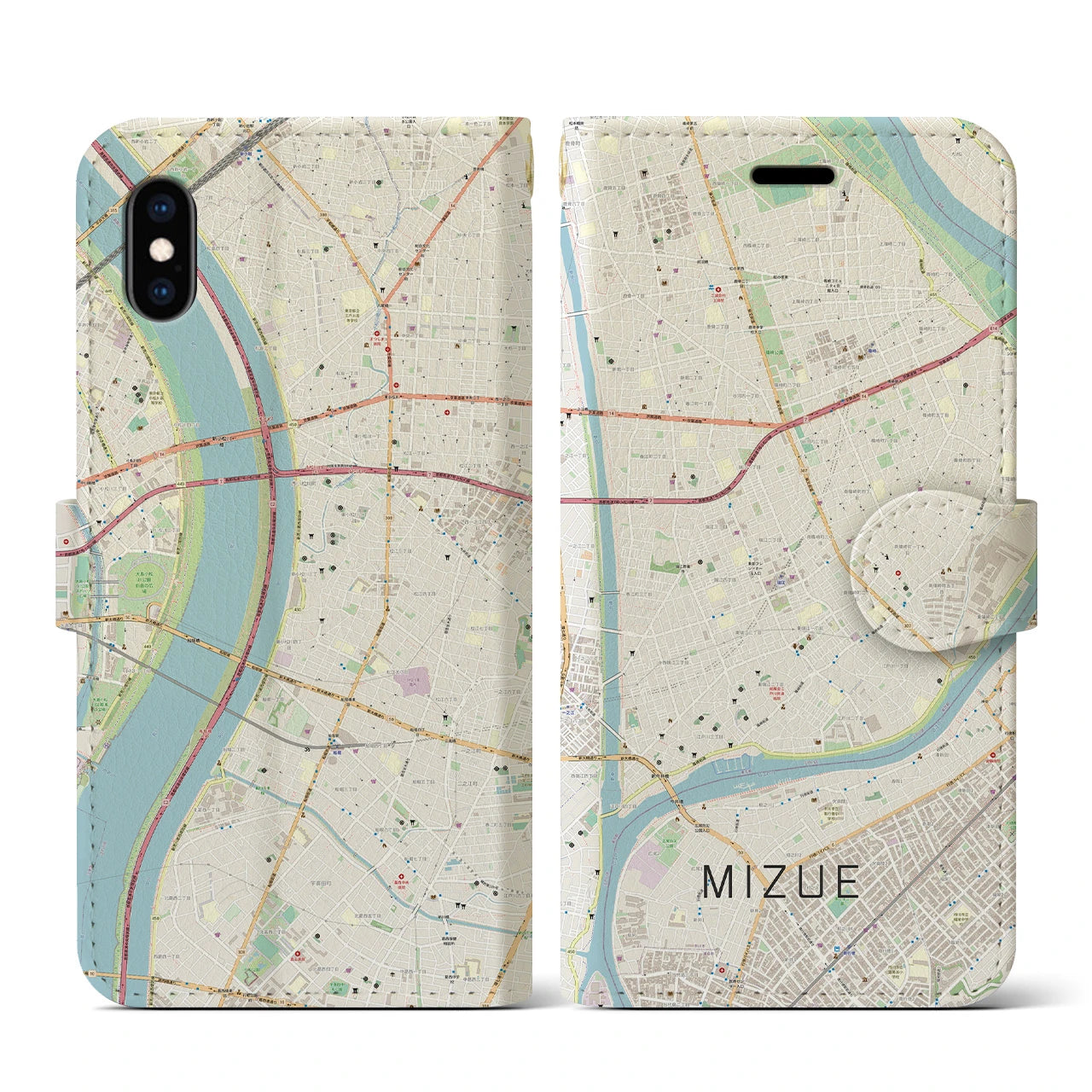 【瑞江(東京都)】地図柄iPhoneケース(手帳タイプ)ナチュラル・iPhone XS / X 用