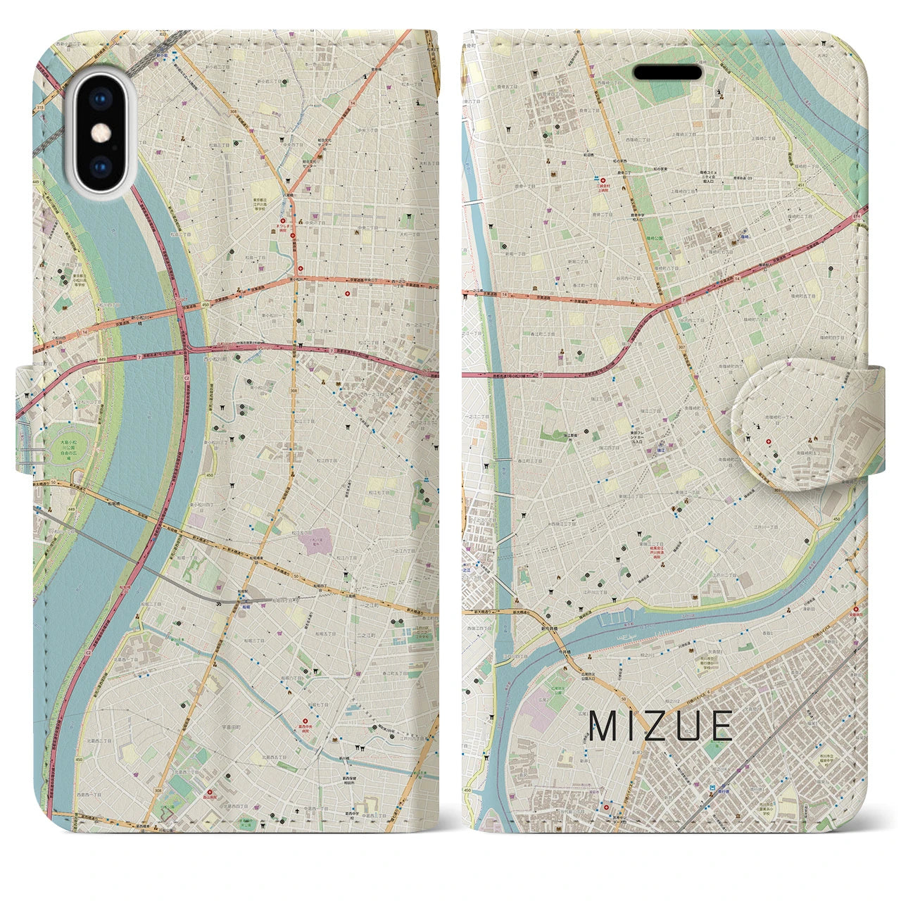 【瑞江(東京都)】地図柄iPhoneケース(手帳タイプ)ナチュラル・iPhone XS Max 用