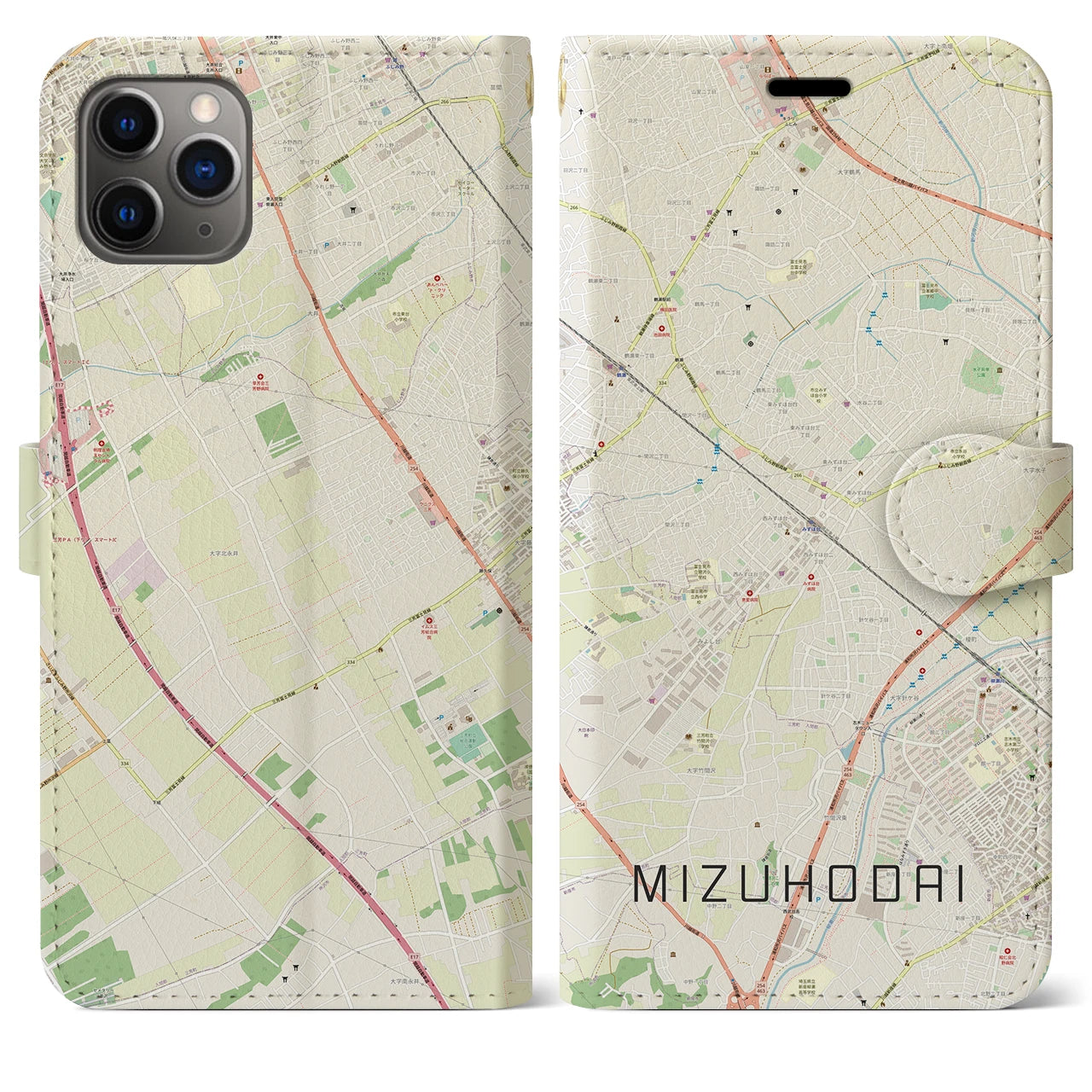 【みずほ台(埼玉県)】地図柄iPhoneケース(手帳タイプ)ナチュラル・iPhone 11 Pro Max 用