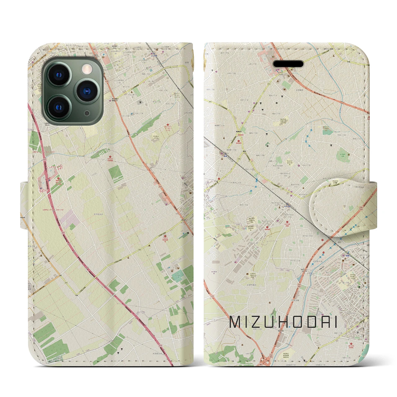 【みずほ台(埼玉県)】地図柄iPhoneケース(手帳タイプ)ナチュラル・iPhone 11 Pro 用