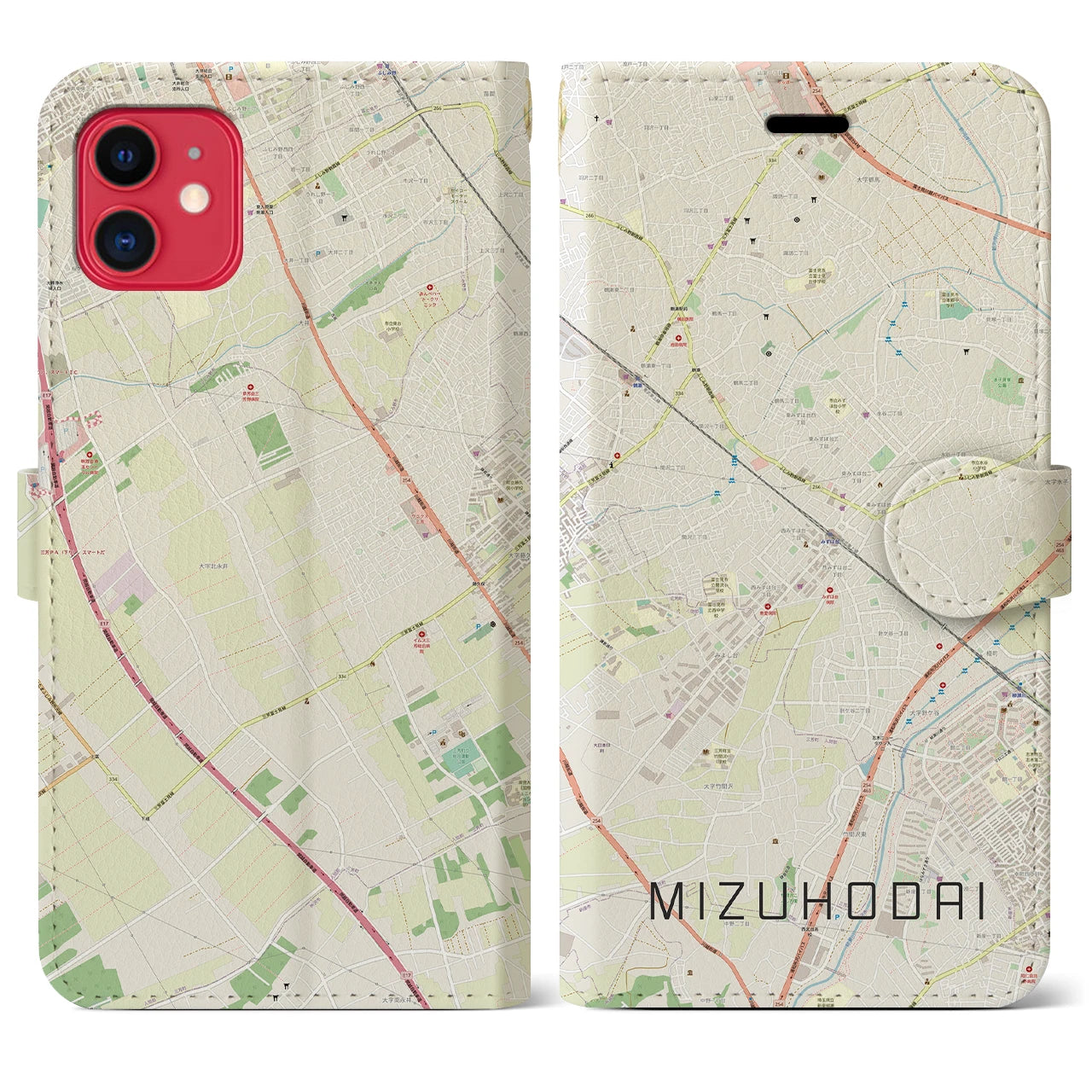 【みずほ台(埼玉県)】地図柄iPhoneケース(手帳タイプ)ナチュラル・iPhone 11 用