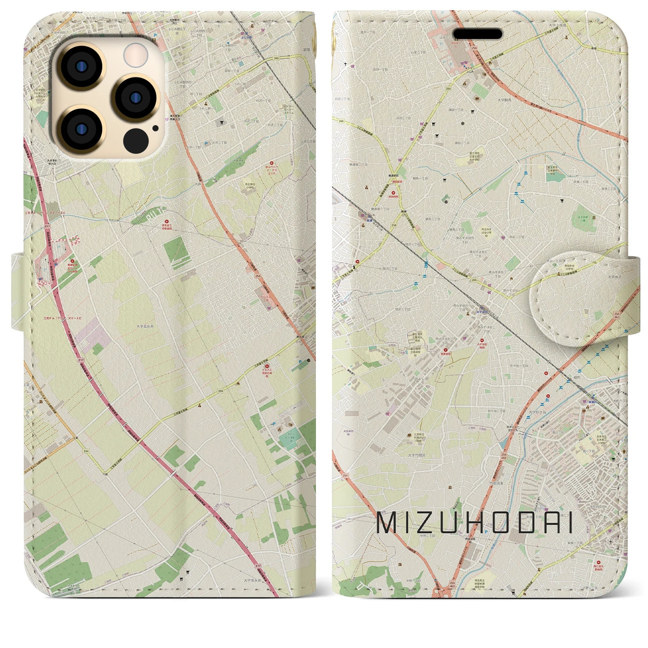【みずほ台(埼玉県)】地図柄iPhoneケース(手帳タイプ)ナチュラル・iPhone 12 Pro Max 用
