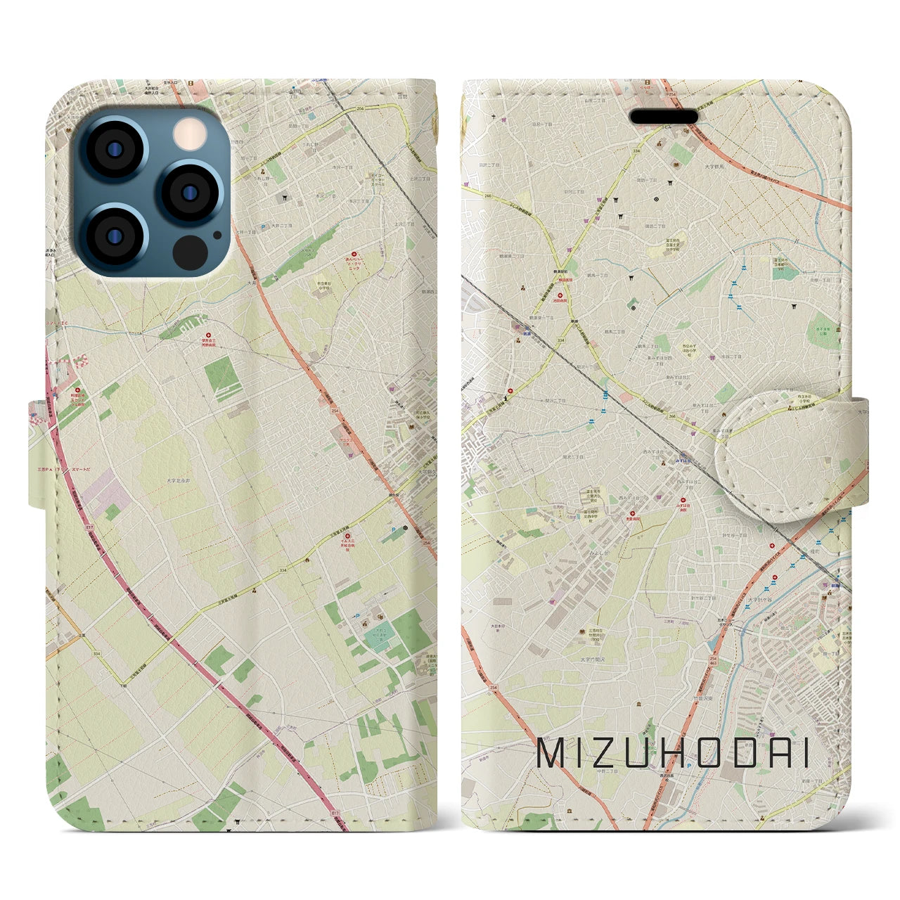 【みずほ台(埼玉県)】地図柄iPhoneケース(手帳タイプ)ナチュラル・iPhone 12 / 12 Pro 用