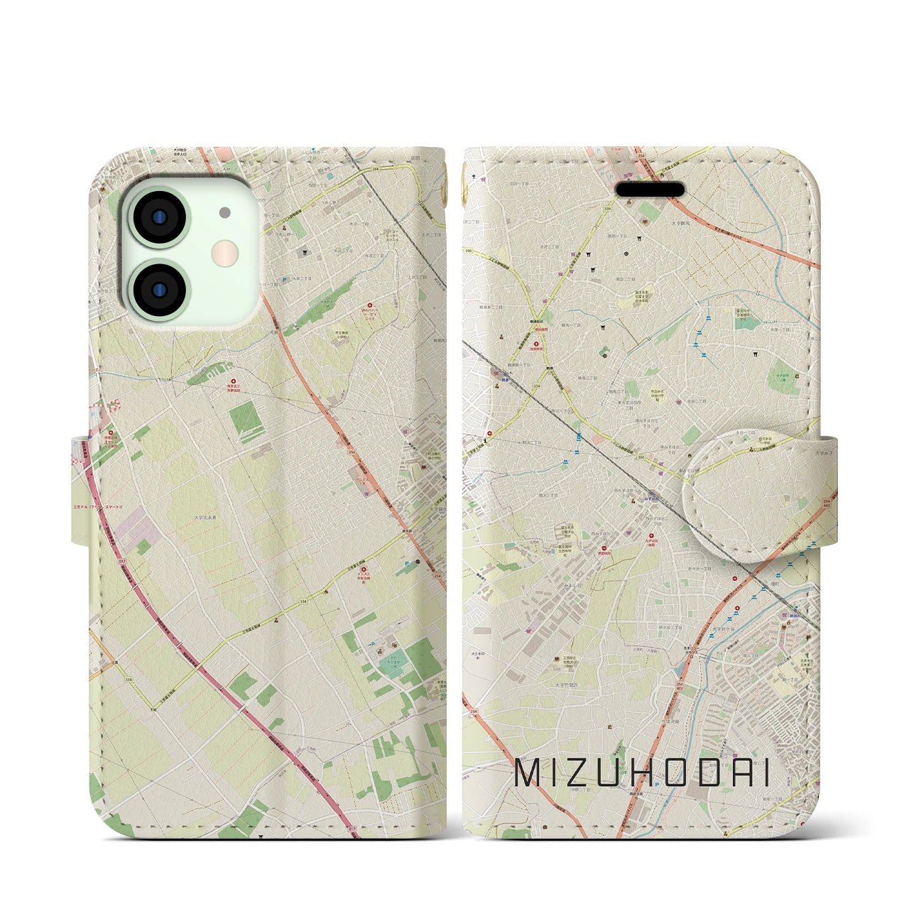 【みずほ台(埼玉県)】地図柄iPhoneケース(手帳タイプ)ナチュラル・iPhone 12 mini 用