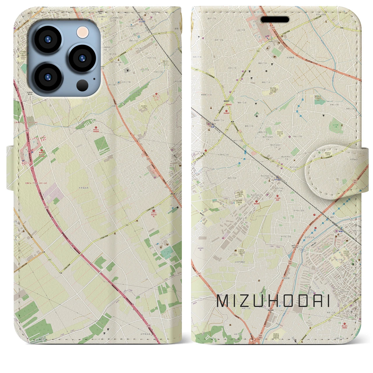 【みずほ台(埼玉県)】地図柄iPhoneケース(手帳タイプ)ナチュラル・iPhone 13 Pro Max 用