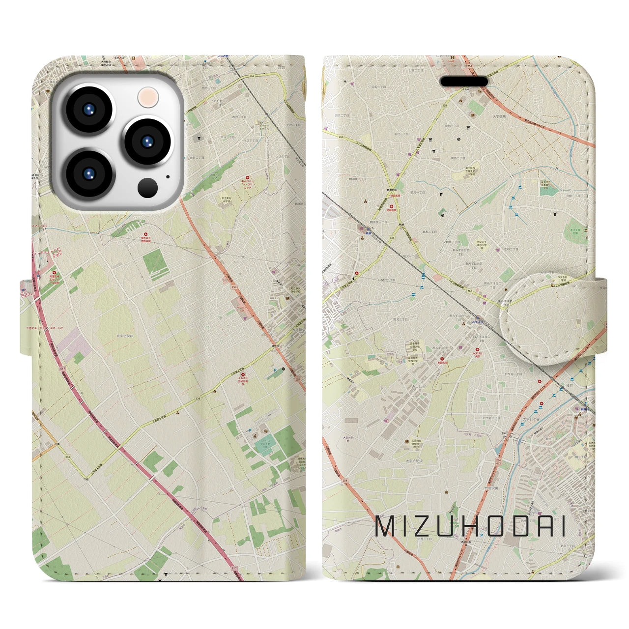 【みずほ台(埼玉県)】地図柄iPhoneケース(手帳タイプ)ナチュラル・iPhone 13 Pro 用