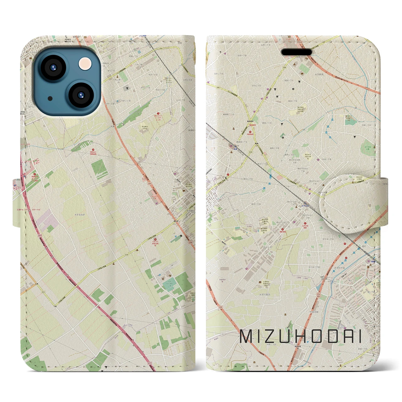 【みずほ台(埼玉県)】地図柄iPhoneケース(手帳タイプ)ナチュラル・iPhone 13 用