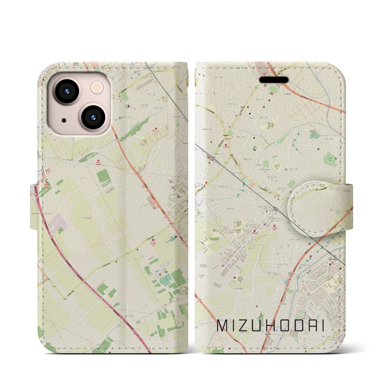 【みずほ台(埼玉県)】地図柄iPhoneケース(手帳タイプ)ナチュラル・iPhone 13 mini 用