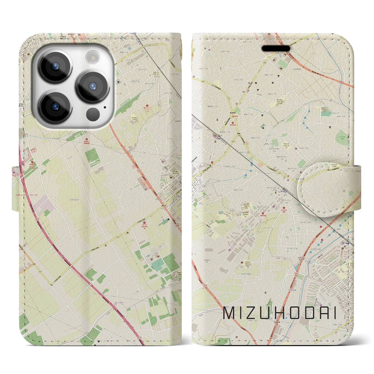 【みずほ台(埼玉県)】地図柄iPhoneケース(手帳タイプ)ナチュラル・iPhone 14 Pro 用