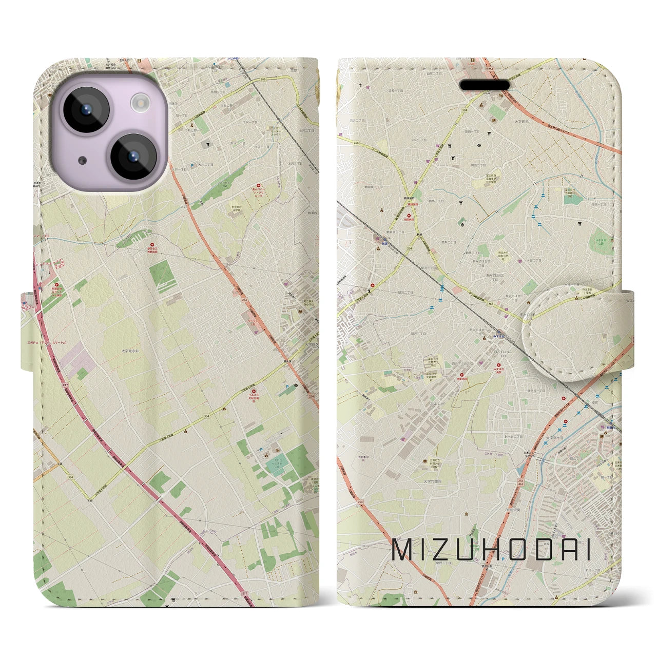 【みずほ台(埼玉県)】地図柄iPhoneケース(手帳タイプ)ナチュラル・iPhone 14 用