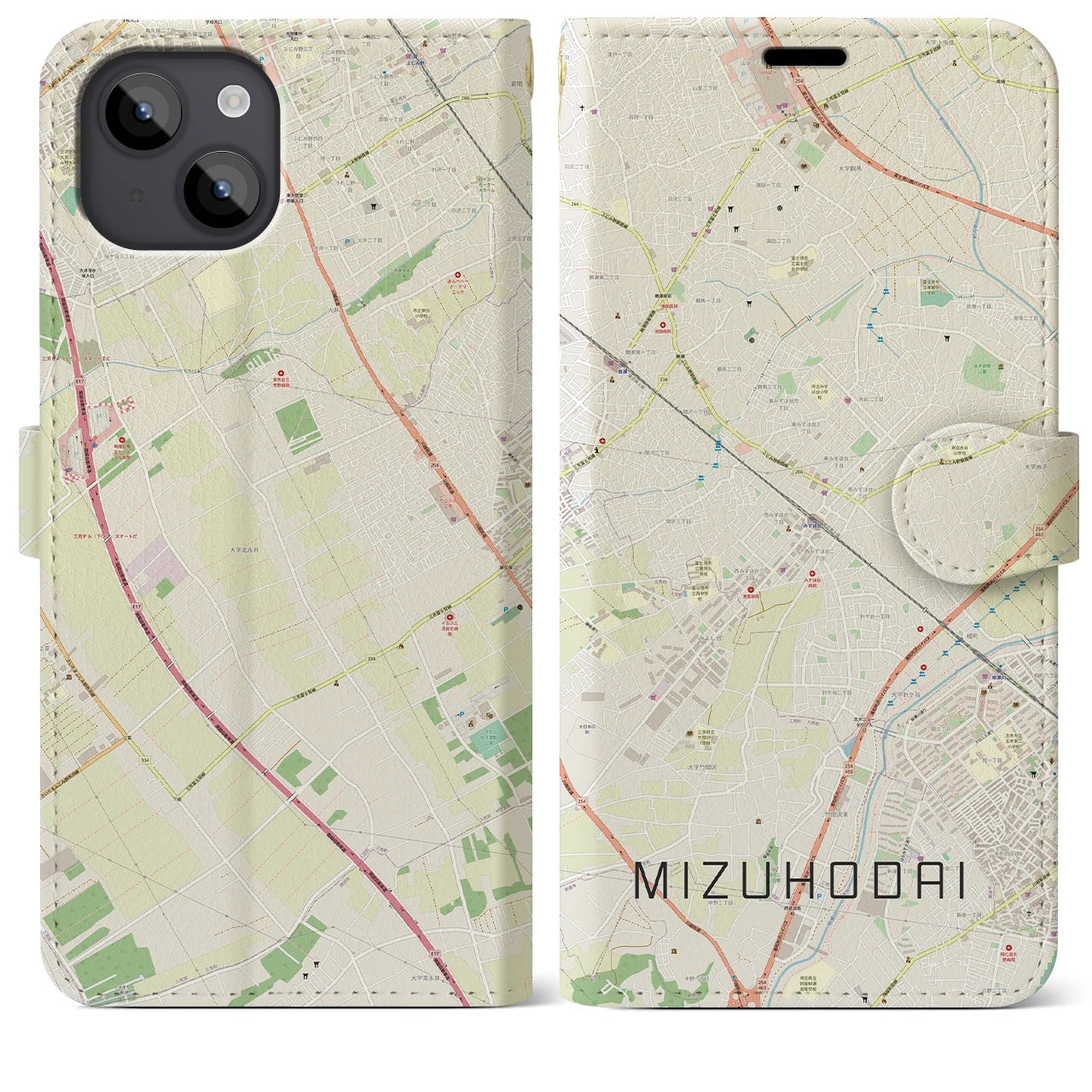 【みずほ台(埼玉県)】地図柄iPhoneケース(手帳タイプ)ナチュラル・iPhone 14 Plus 用