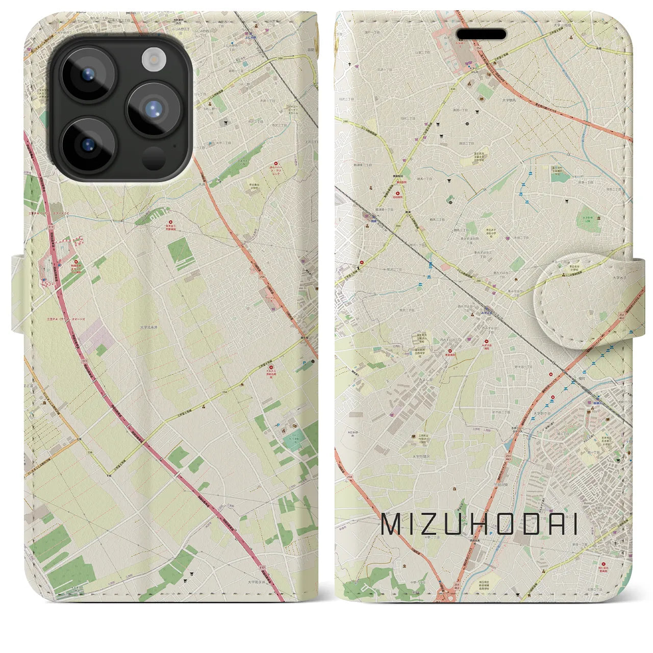 【みずほ台(埼玉県)】地図柄iPhoneケース(手帳タイプ)ナチュラル・iPhone 15 Pro Max 用