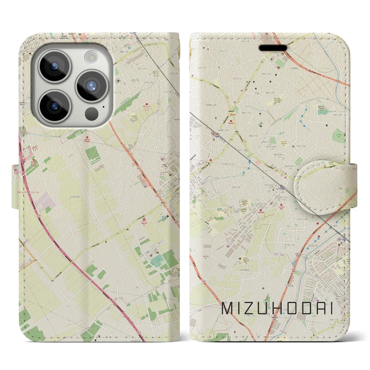 【みずほ台(埼玉県)】地図柄iPhoneケース(手帳タイプ)ナチュラル・iPhone 15 Pro 用