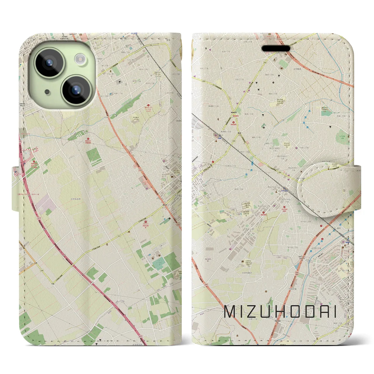 【みずほ台(埼玉県)】地図柄iPhoneケース(手帳タイプ)ナチュラル・iPhone 15 用