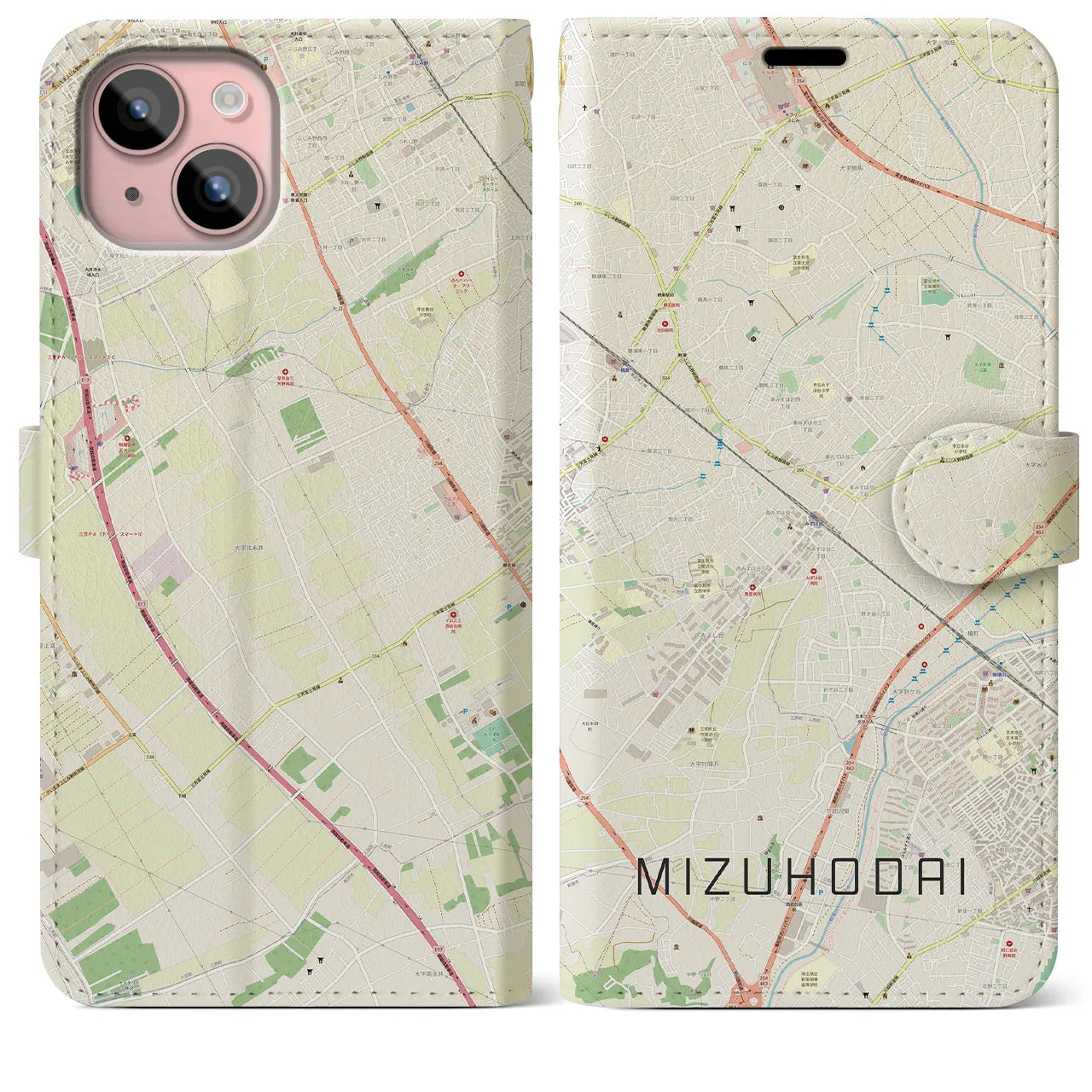 【みずほ台(埼玉県)】地図柄iPhoneケース(手帳タイプ)ナチュラル・iPhone 15 Plus 用