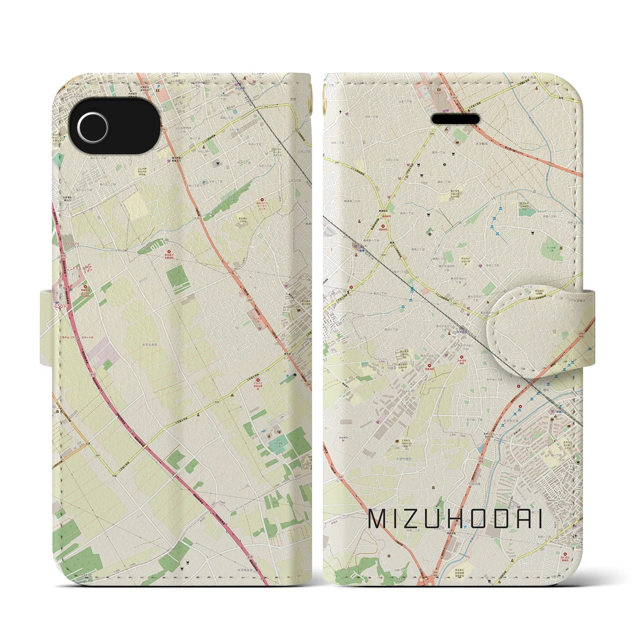 【みずほ台(埼玉県)】地図柄iPhoneケース(手帳タイプ)ナチュラル・iPhone SE(第3 / 第2世代) / 8 / 7 / 6s / 6 用