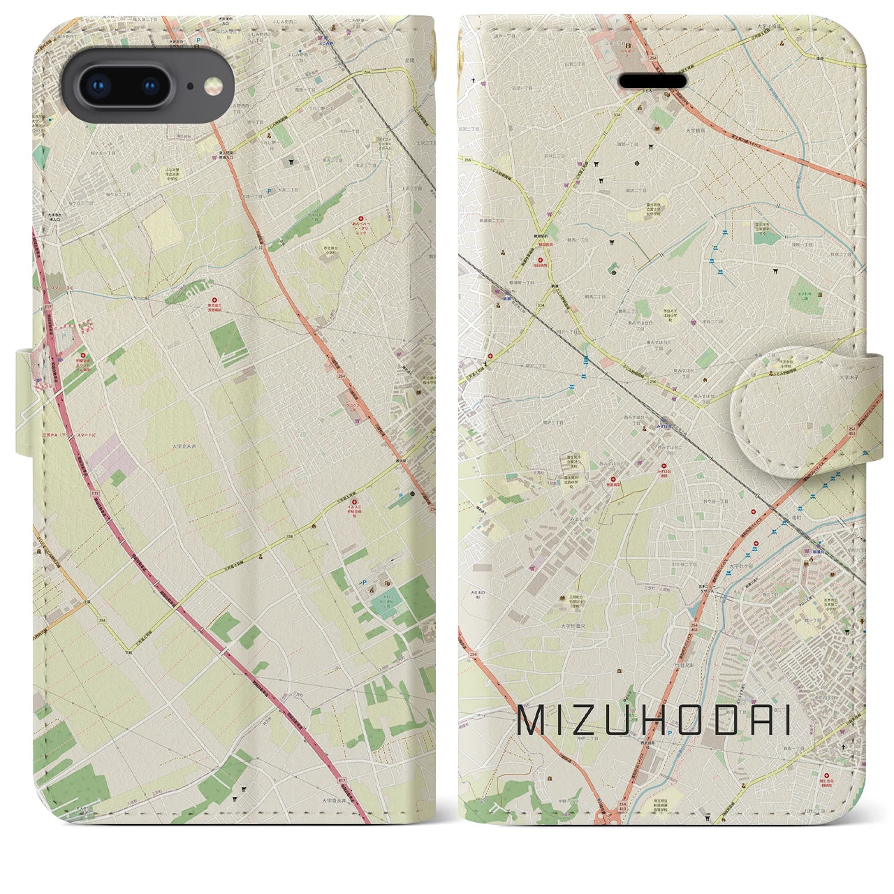 【みずほ台(埼玉県)】地図柄iPhoneケース(手帳タイプ)ナチュラル・iPhone 8Plus /7Plus / 6sPlus / 6Plus 用