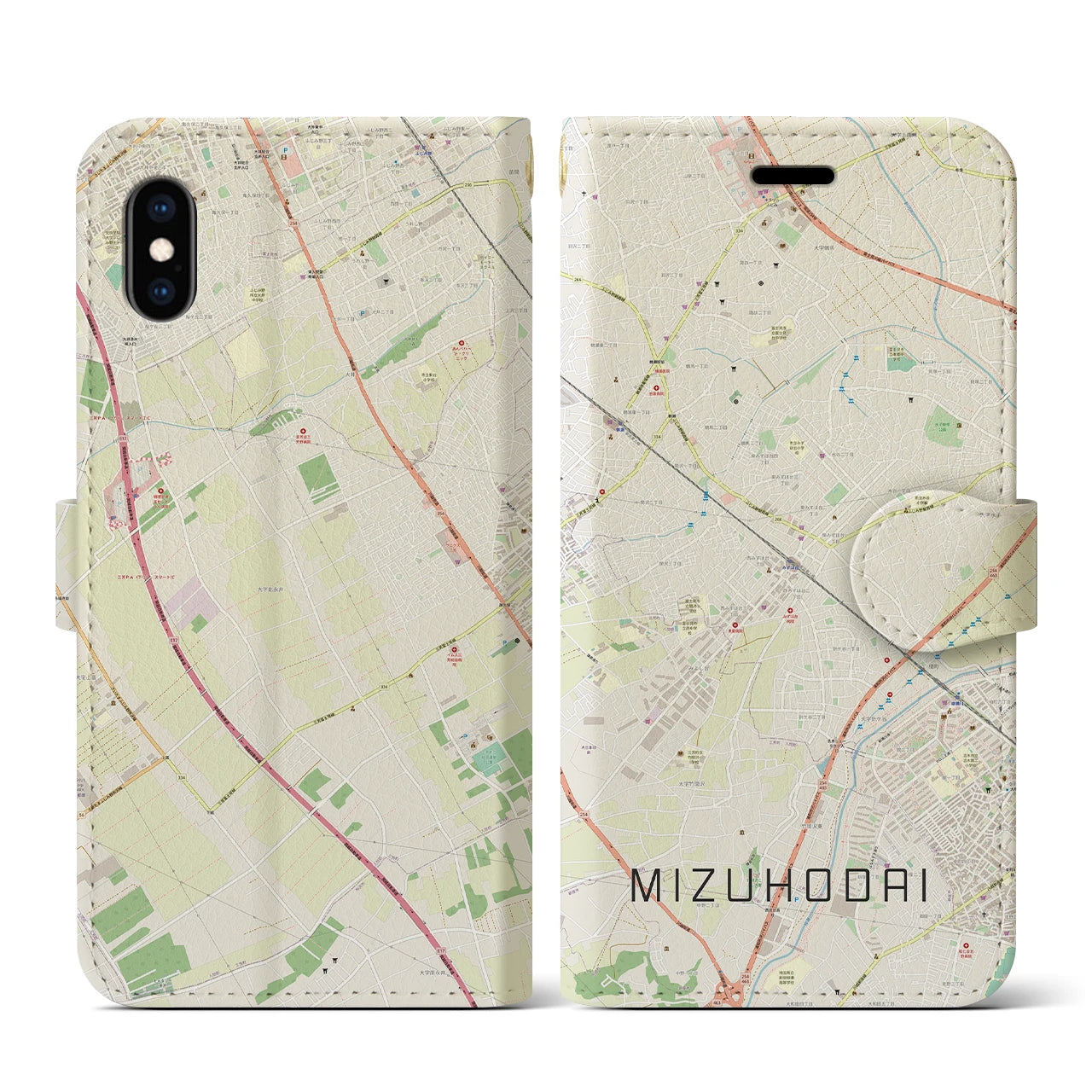 【みずほ台(埼玉県)】地図柄iPhoneケース(手帳タイプ)ナチュラル・iPhone XS / X 用