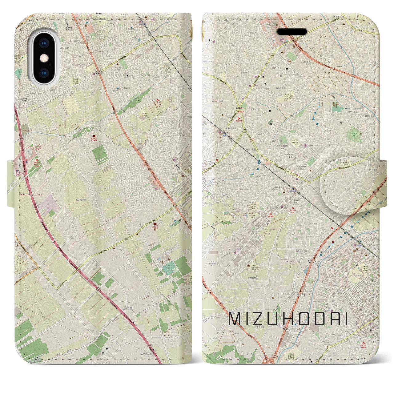 【みずほ台(埼玉県)】地図柄iPhoneケース(手帳タイプ)ナチュラル・iPhone XS Max 用