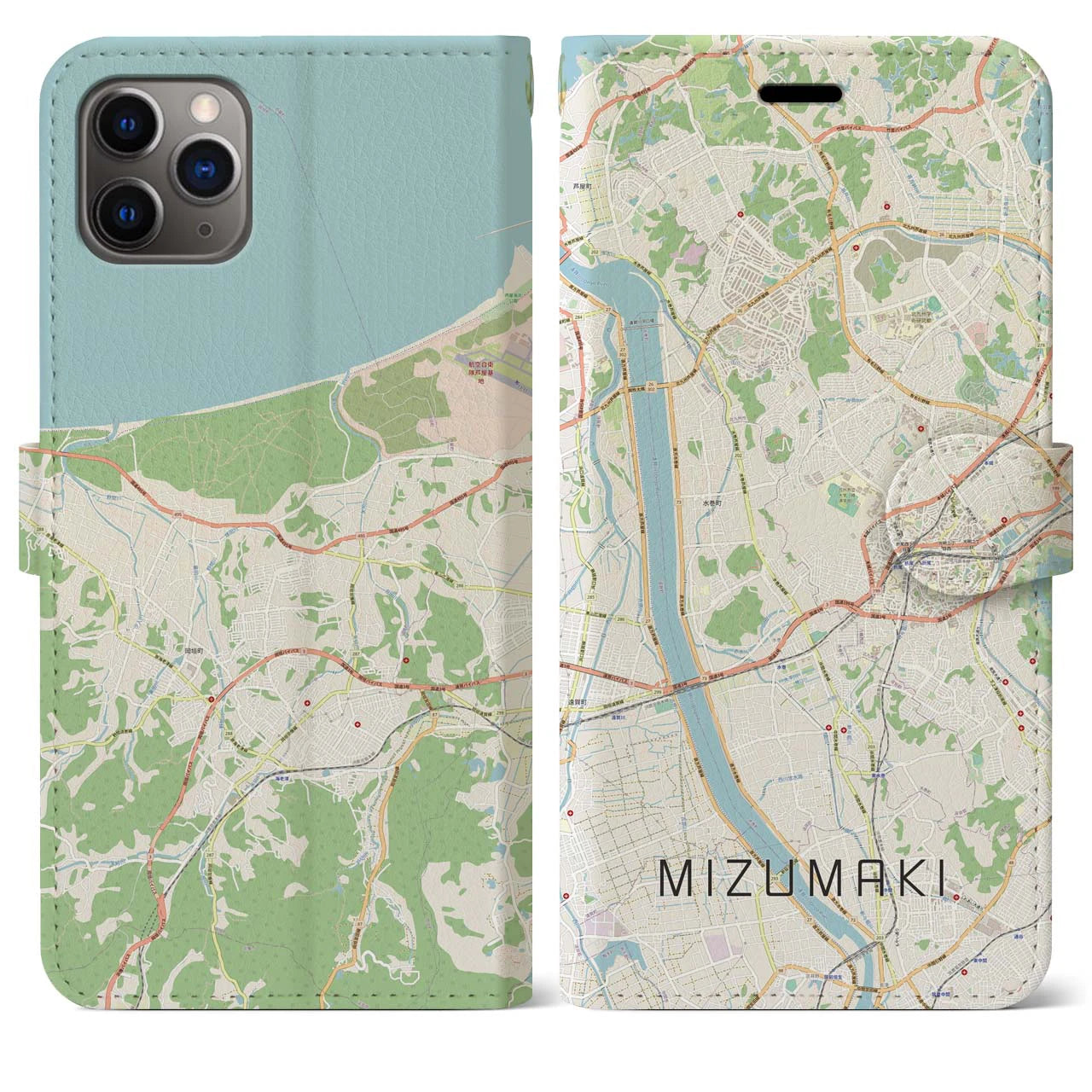 【水巻(福岡県)】地図柄iPhoneケース(手帳タイプ)ナチュラル・iPhone 11 Pro Max 用