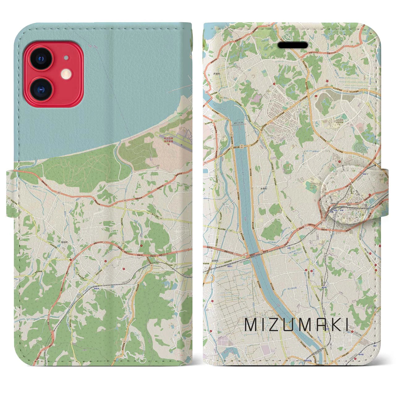 【水巻(福岡県)】地図柄iPhoneケース(手帳タイプ)ナチュラル・iPhone 11 用