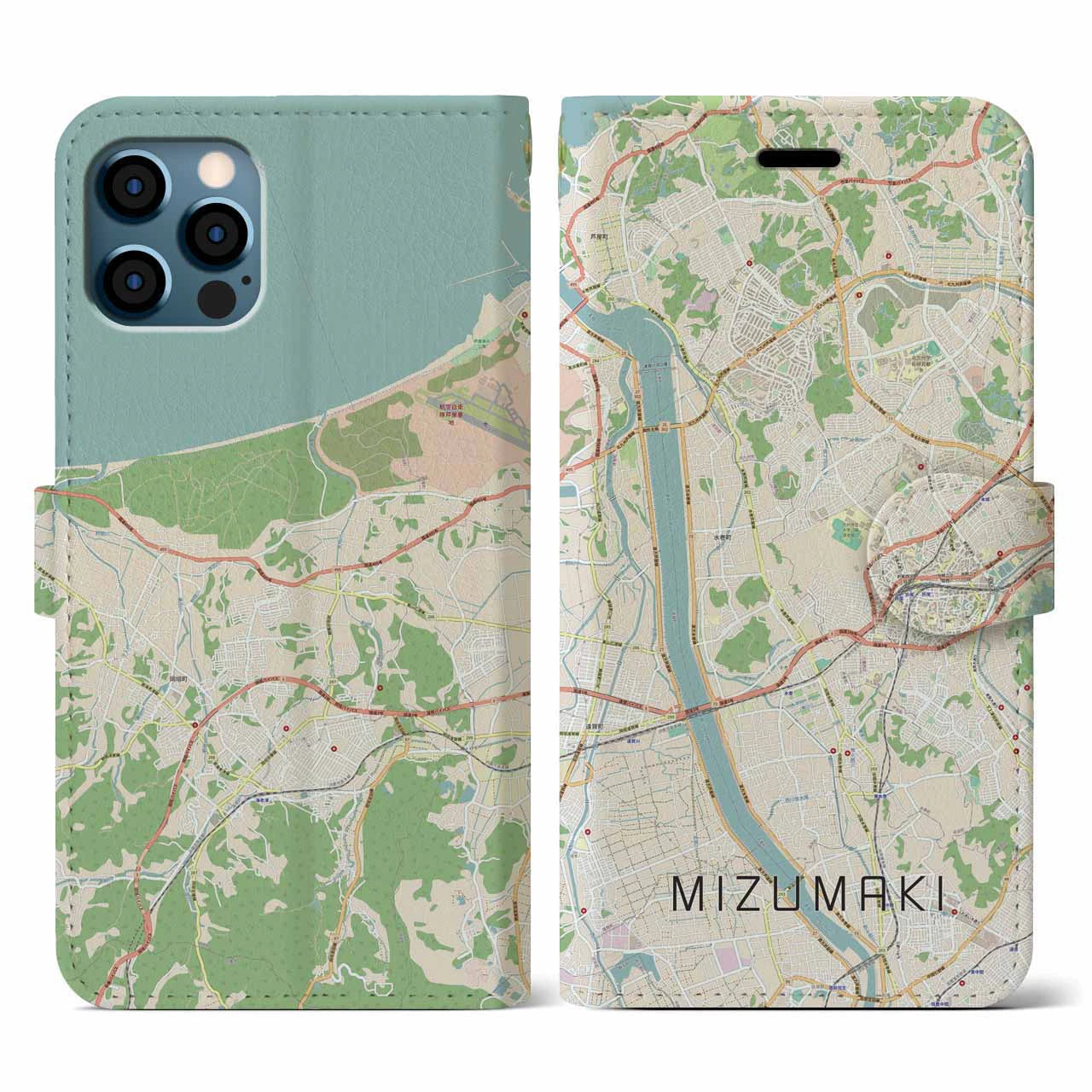 【水巻(福岡県)】地図柄iPhoneケース(手帳タイプ)ナチュラル・iPhone 12 / 12 Pro 用