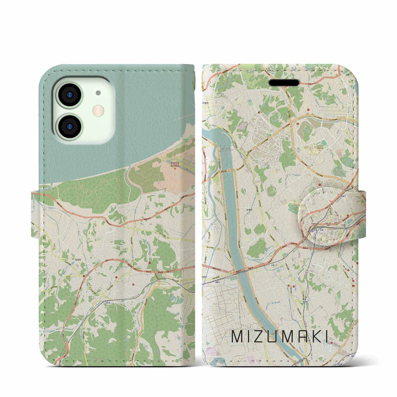 【水巻(福岡県)】地図柄iPhoneケース(手帳タイプ)ナチュラル・iPhone 12 mini 用