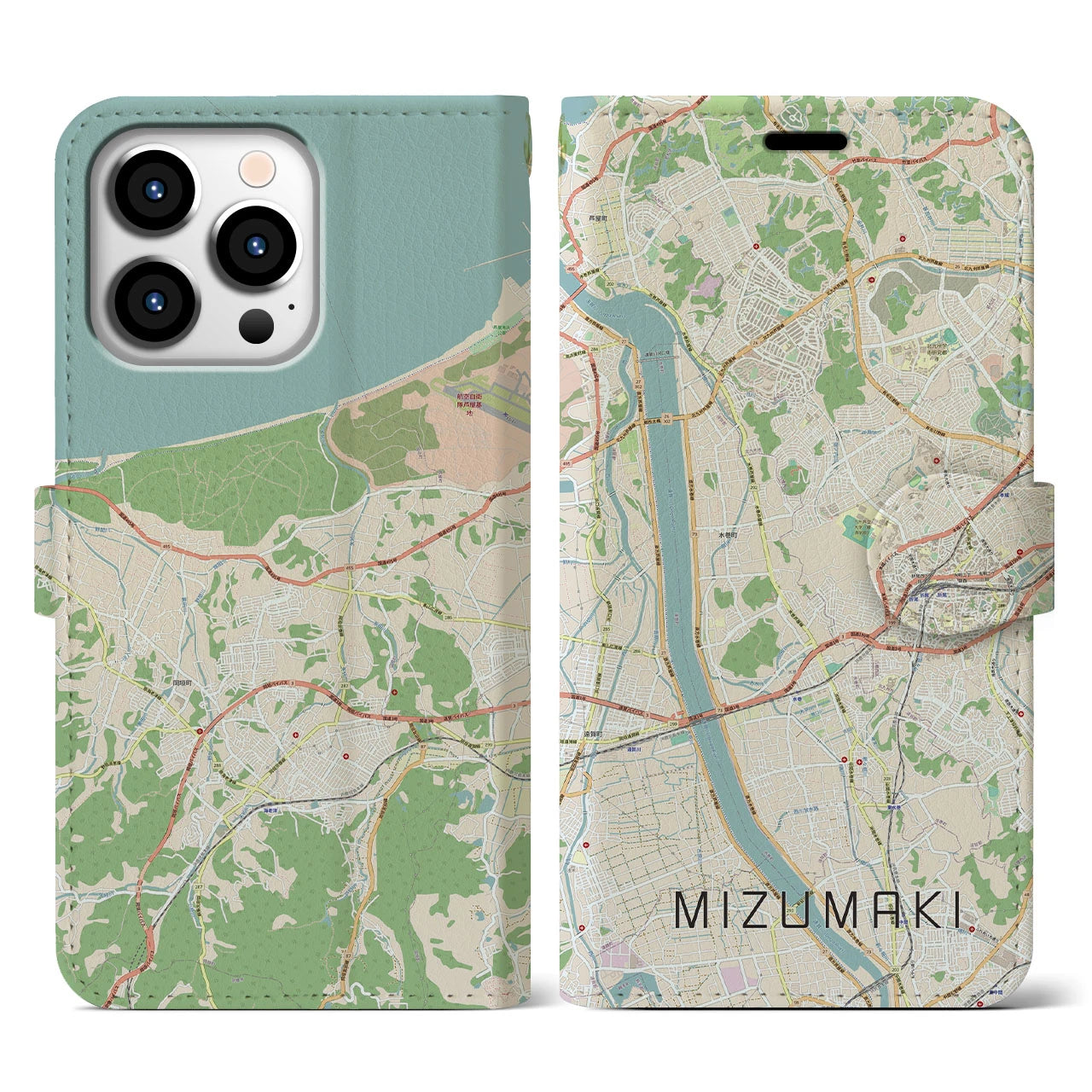 【水巻(福岡県)】地図柄iPhoneケース(手帳タイプ)ナチュラル・iPhone 13 Pro 用