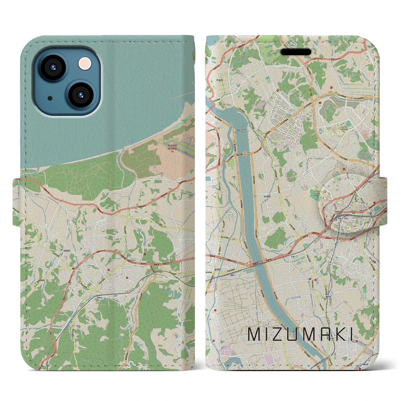 【水巻(福岡県)】地図柄iPhoneケース(手帳タイプ)ナチュラル・iPhone 13 用