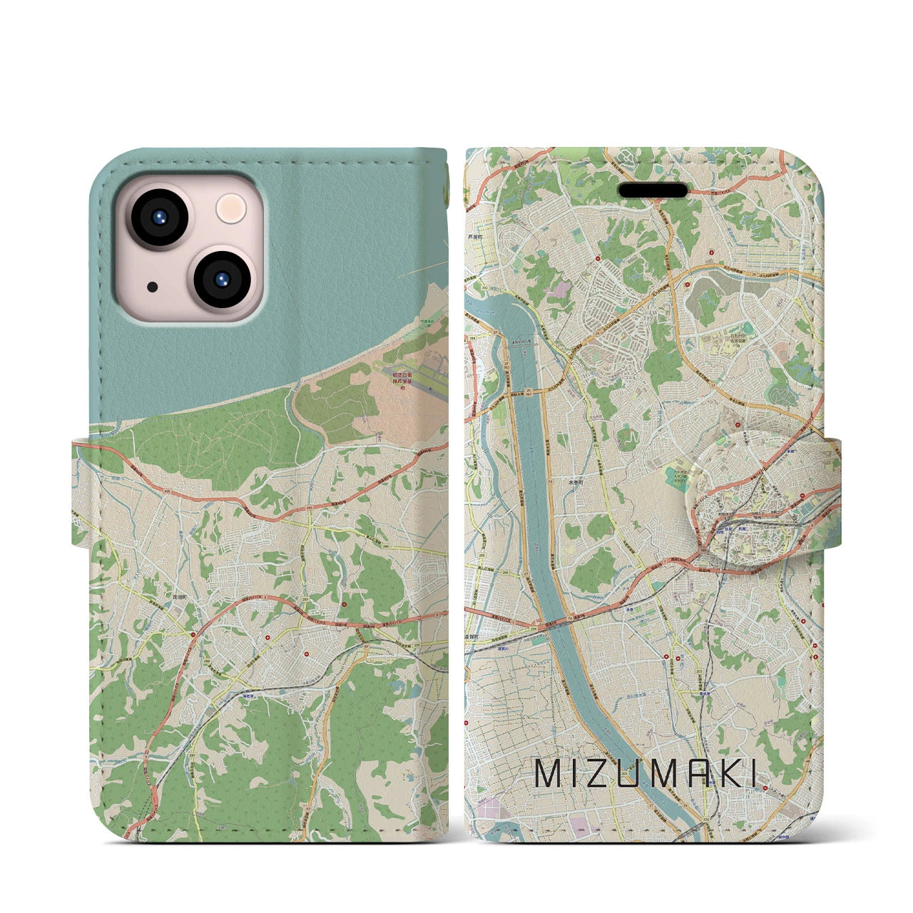 【水巻(福岡県)】地図柄iPhoneケース(手帳タイプ)ナチュラル・iPhone 13 mini 用