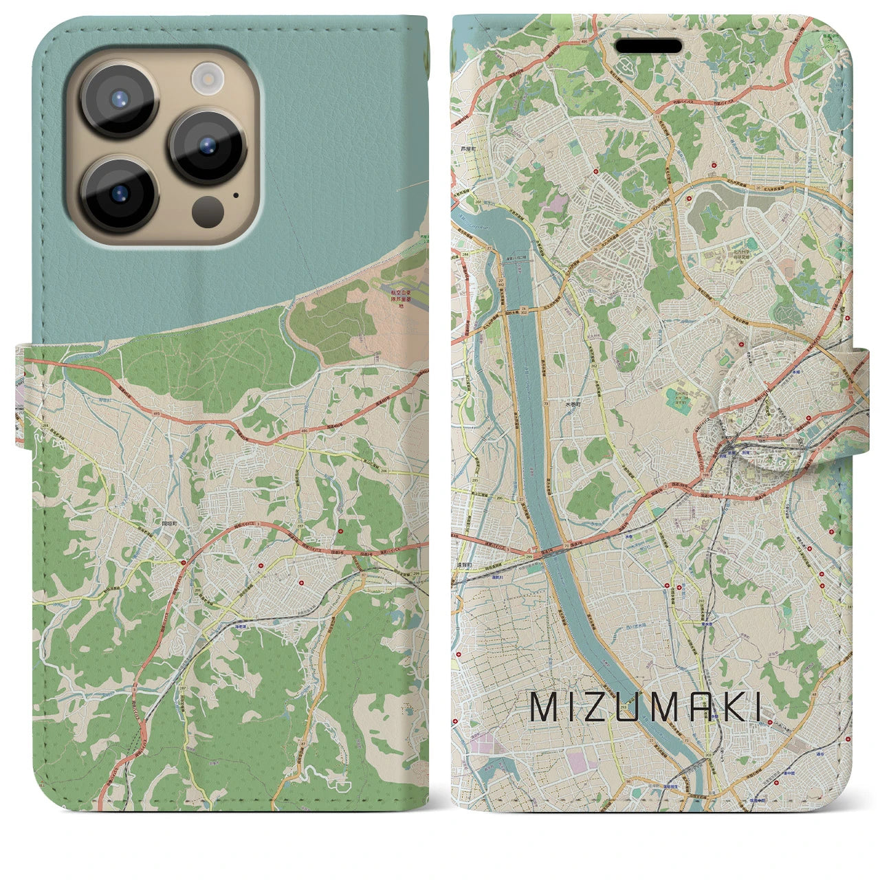 【水巻(福岡県)】地図柄iPhoneケース(手帳タイプ)ナチュラル・iPhone 14 Pro Max 用