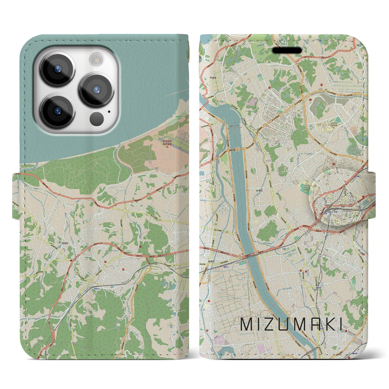 【水巻(福岡県)】地図柄iPhoneケース(手帳タイプ)ナチュラル・iPhone 14 Pro 用