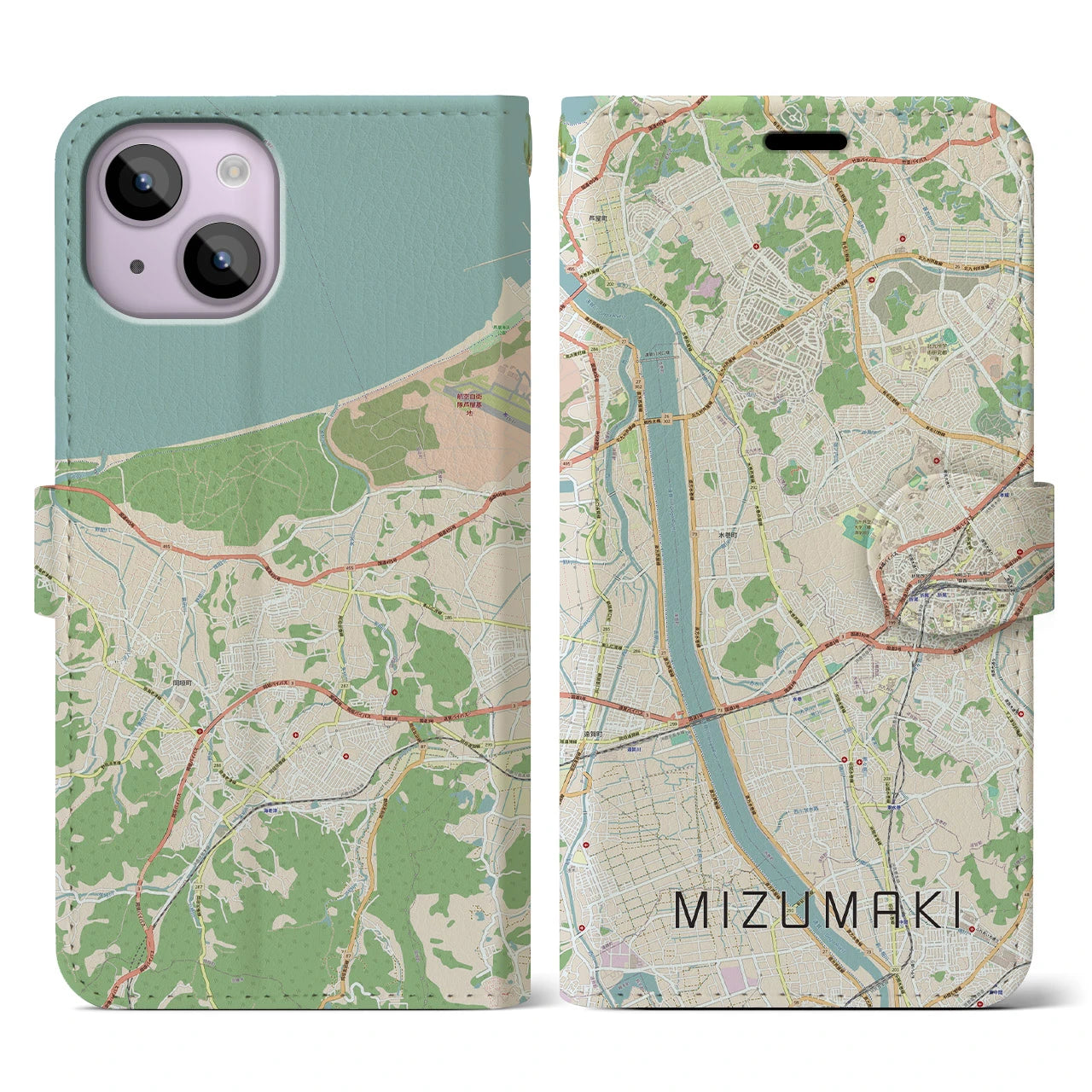 【水巻(福岡県)】地図柄iPhoneケース(手帳タイプ)ナチュラル・iPhone 14 用