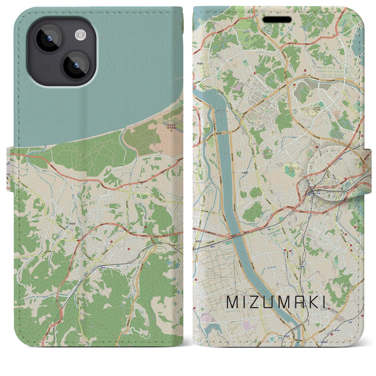 【水巻(福岡県)】地図柄iPhoneケース(手帳タイプ)ナチュラル・iPhone 14 Plus 用