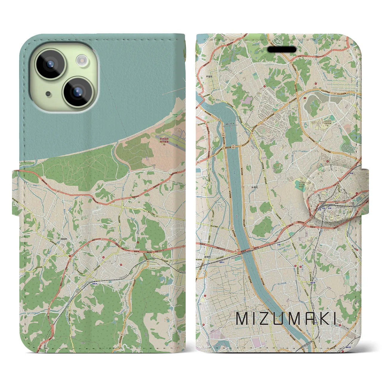 【水巻(福岡県)】地図柄iPhoneケース(手帳タイプ)ナチュラル・iPhone 15 用