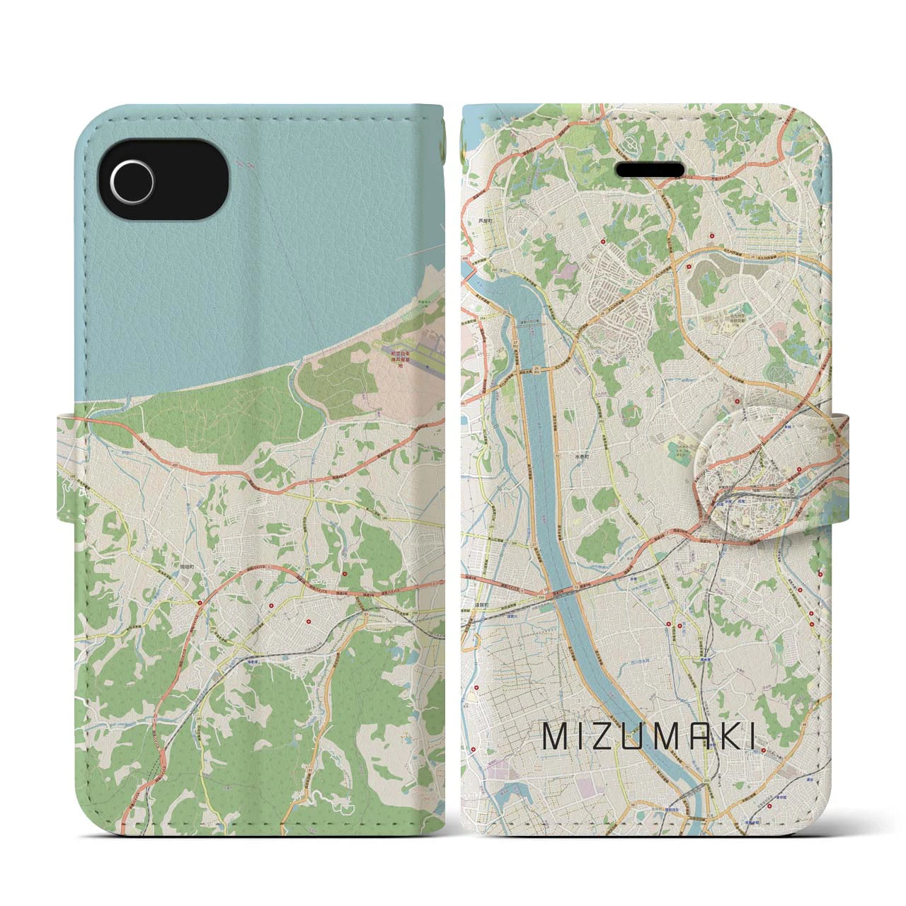 【水巻(福岡県)】地図柄iPhoneケース(手帳タイプ)ナチュラル・iPhone SE(第3 / 第2世代) / 8 / 7 / 6s / 6 用