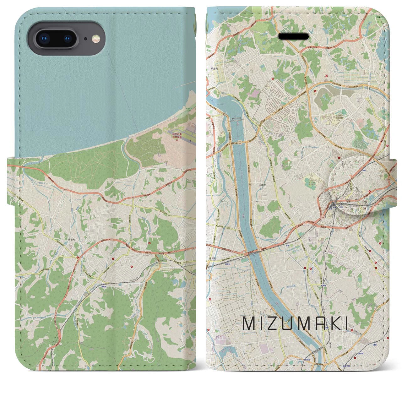 【水巻(福岡県)】地図柄iPhoneケース(手帳タイプ)ナチュラル・iPhone 8Plus /7Plus / 6sPlus / 6Plus 用