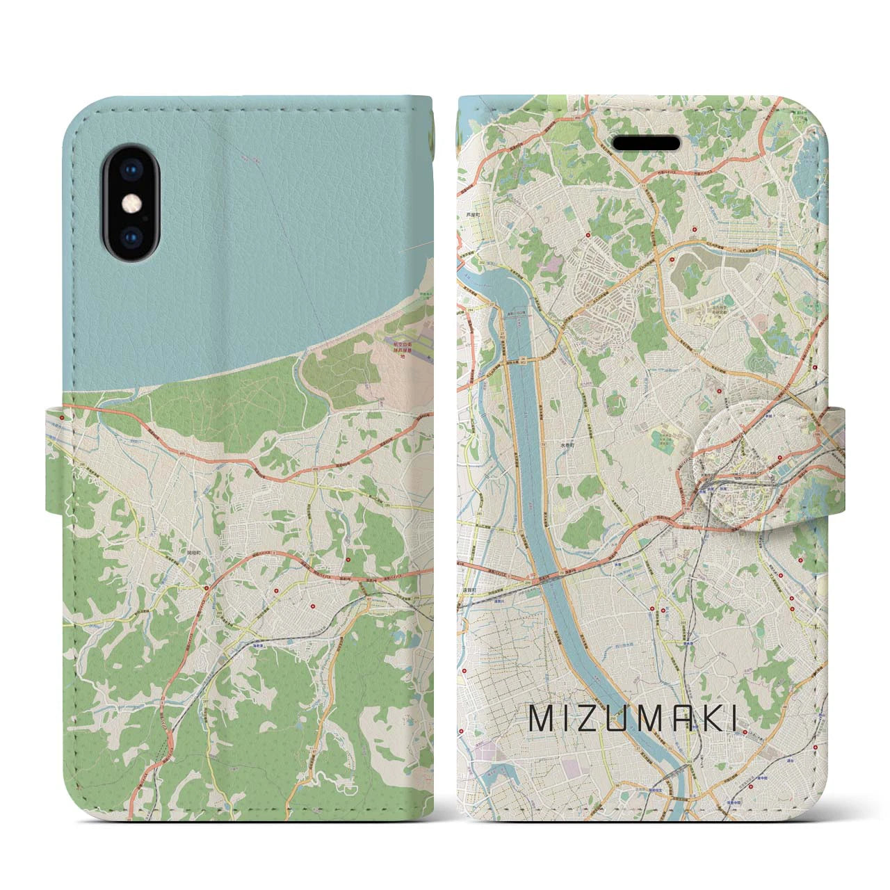 【水巻(福岡県)】地図柄iPhoneケース(手帳タイプ)ナチュラル・iPhone XS / X 用