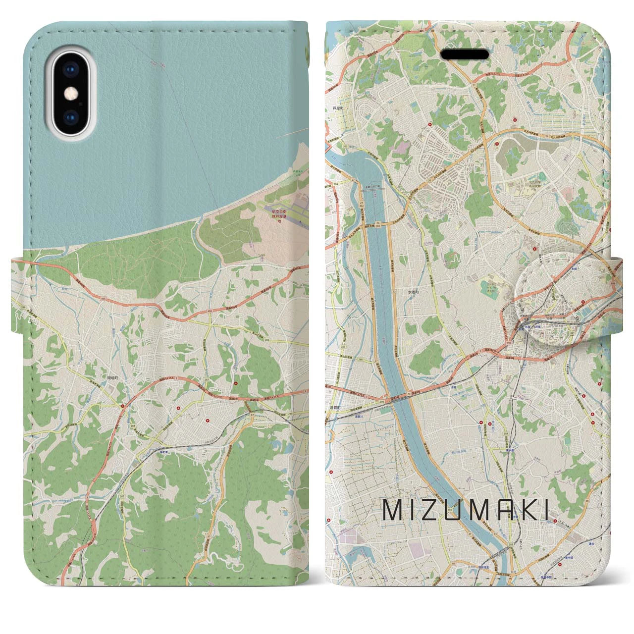 【水巻(福岡県)】地図柄iPhoneケース(手帳タイプ)ナチュラル・iPhone XS Max 用