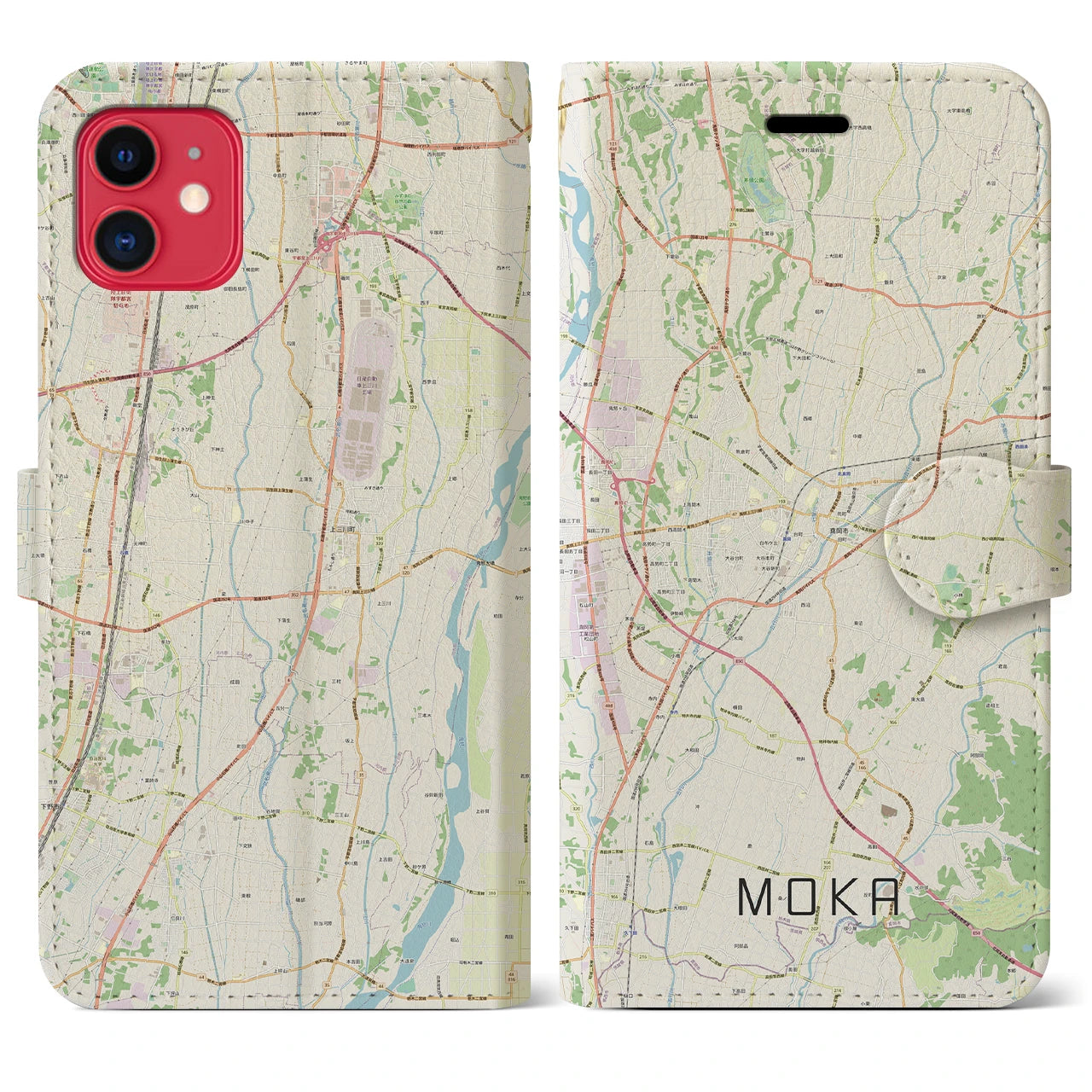 【真岡(栃木県)】地図柄iPhoneケース(手帳タイプ)ナチュラル・iPhone 11 用