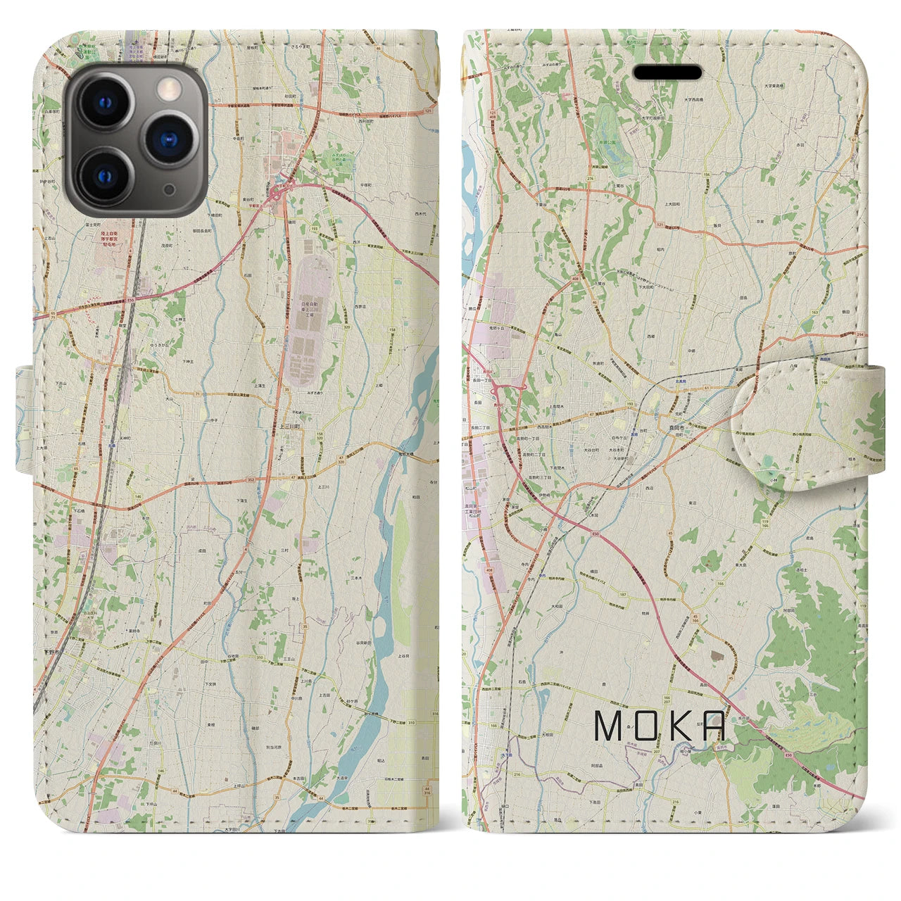 【真岡(栃木県)】地図柄iPhoneケース(手帳タイプ)ナチュラル・iPhone 11 Pro Max 用