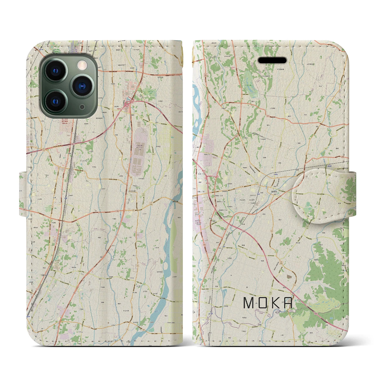 【真岡(栃木県)】地図柄iPhoneケース(手帳タイプ)ナチュラル・iPhone 11 Pro 用