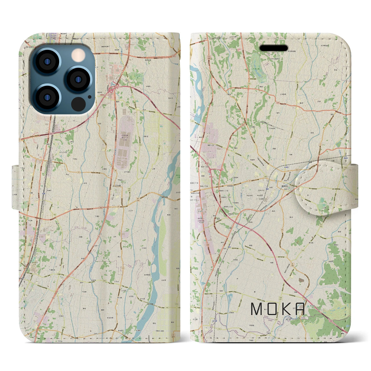 【真岡(栃木県)】地図柄iPhoneケース(手帳タイプ)ナチュラル・iPhone 12 / 12 Pro 用