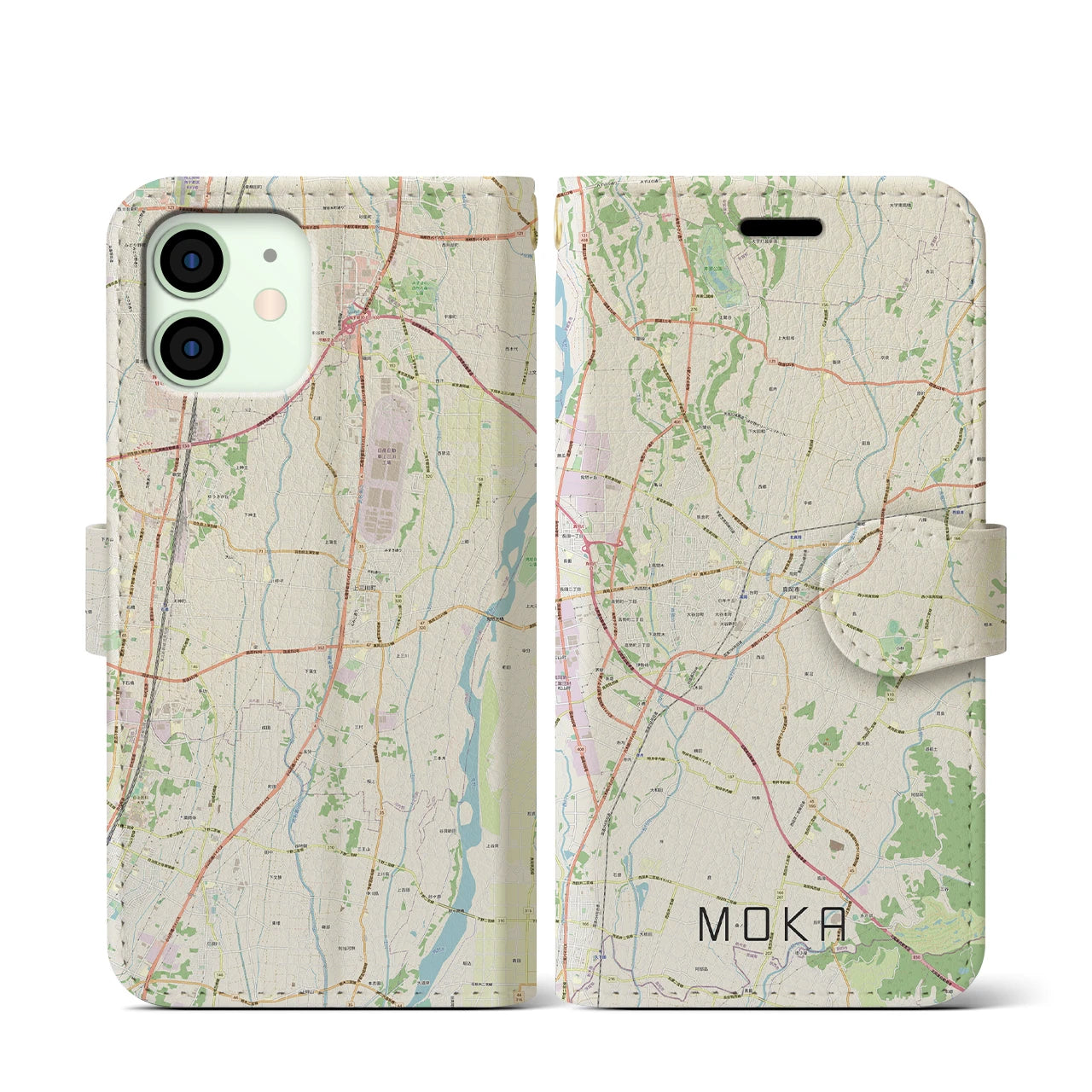 【真岡(栃木県)】地図柄iPhoneケース(手帳タイプ)ナチュラル・iPhone 12 mini 用