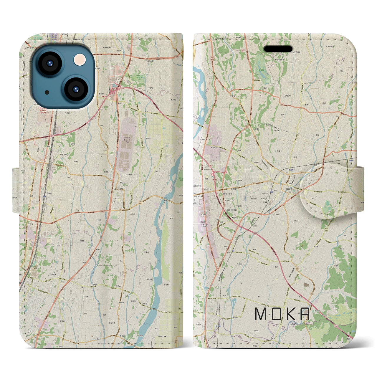 【真岡(栃木県)】地図柄iPhoneケース(手帳タイプ)ナチュラル・iPhone 13 用