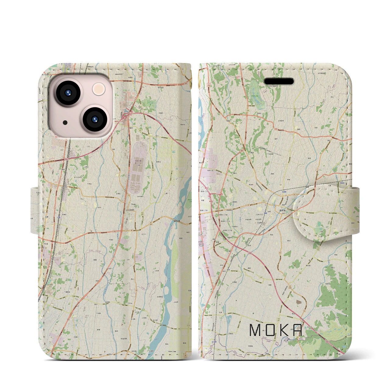 【真岡(栃木県)】地図柄iPhoneケース(手帳タイプ)ナチュラル・iPhone 13 mini 用