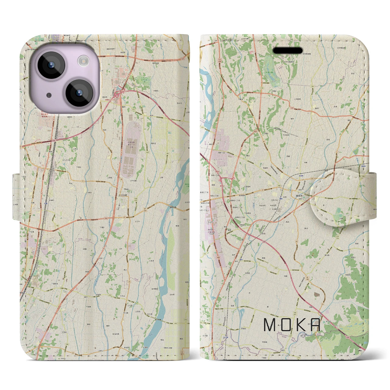 【真岡(栃木県)】地図柄iPhoneケース(手帳タイプ)ナチュラル・iPhone 14 用