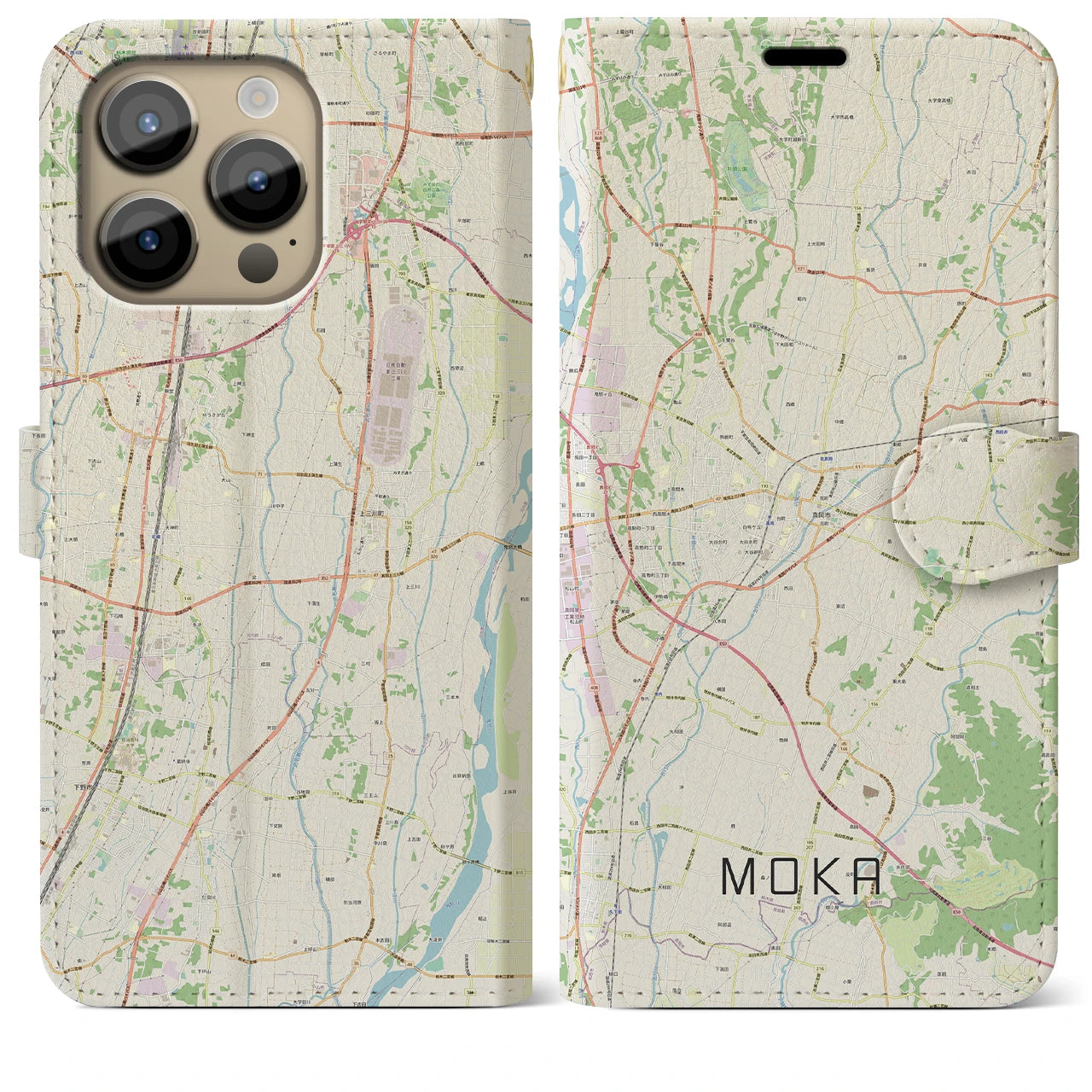 【真岡(栃木県)】地図柄iPhoneケース(手帳タイプ)ナチュラル・iPhone 14 Pro Max 用