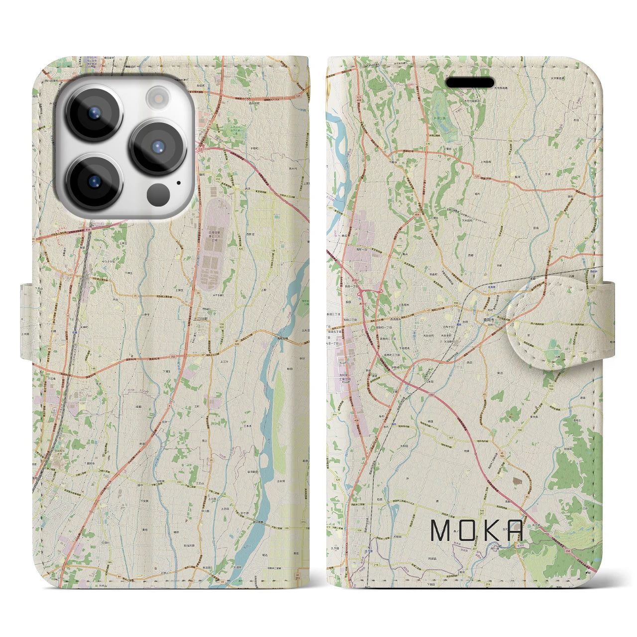 【真岡(栃木県)】地図柄iPhoneケース(手帳タイプ)ナチュラル・iPhone 14 Pro 用